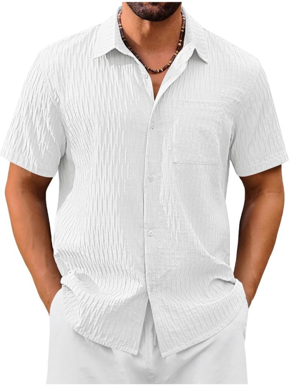 Men's White Short Sleeve Casual Textured Polyester Button Down Shirts